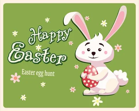 Happy Easter banner retro. Greeting card with rabbit, bunny, egg. Vector Stock Illustration