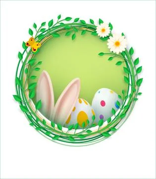 Happy Easter banner. Spring composition in a round frame, rabbit ears, Easter Stock Illustration