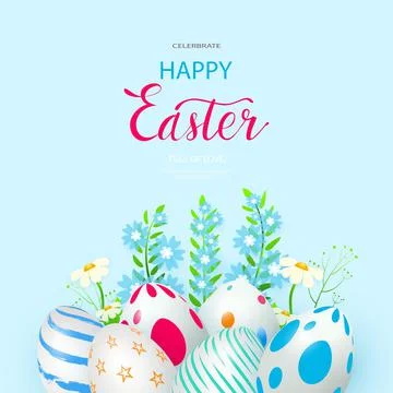 Happy Easter banner. Spring composition with Easter eggs and flowers. Place for Illustrazione stock