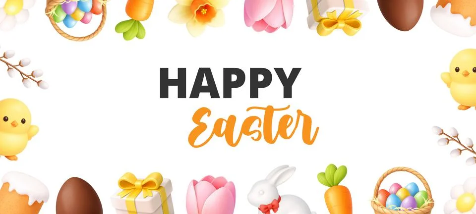 Happy Easter banner with spring icons, bunny, eggs and flowers. 3D realistic Stock Illustration