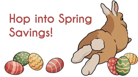 Happy easter banner, spring savings. Hand drawn illustration with bunny rabbit Stock Illustration