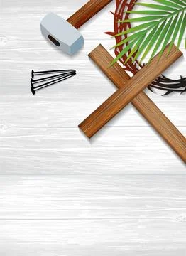 Happy Easter banner template with crown of thorns, wooden cross, three nails Stock Illustration