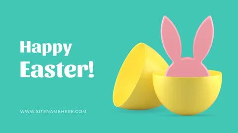 Happy Easter banner template design rabbit ears hiding in egg half realisti.. Illustrazione stock