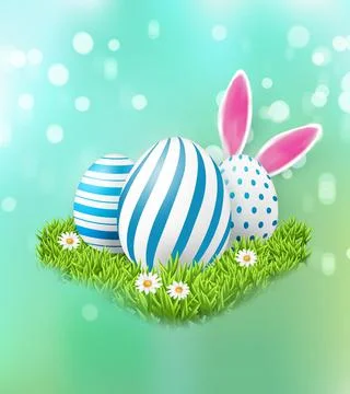 Happy Easter banner template with Easter eggs and green grass daisy flower ra Stock Illustration