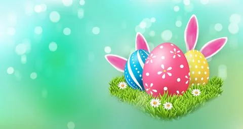 Happy Easter banner template with Easter eggs and green grass daisy flower ra Stock Illustration