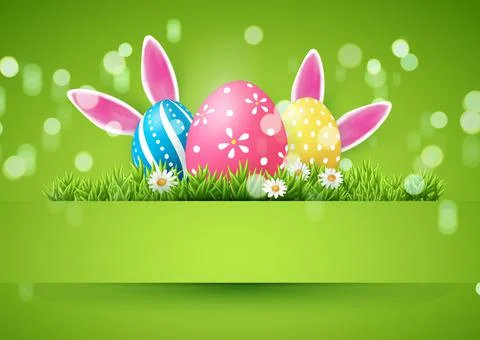 Happy Easter banner template with Easter eggs and green grass daisy flower ra Illustrazione stock