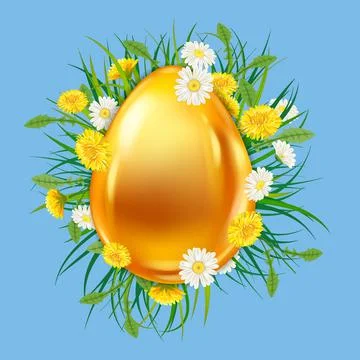 Happy Easter banner template. Golden shine realistic egg colorful spring flowers Stock Illustration