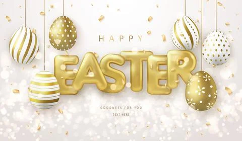Happy Easter banner template with golden luxury Easter eggs and ballon title  Stock Illustration