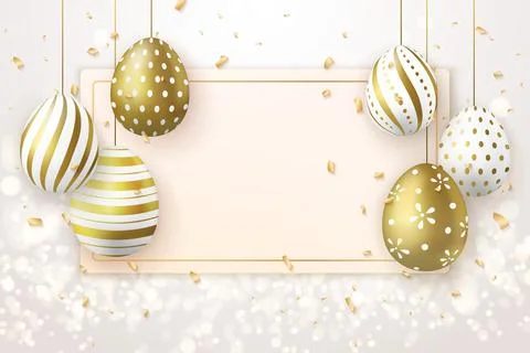 Happy Easter banner template with golden luxury Easter eggs tag card Stock Illustration
