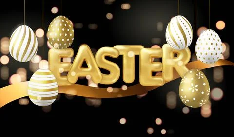 Happy Easter banner template golden luxury Easter eggs ribbon and ballon titl Stock Illustration