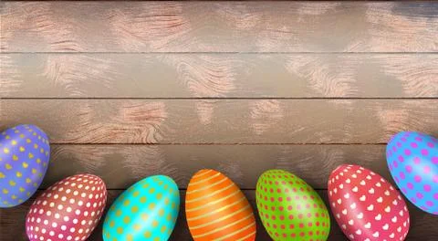 Happy Easter banner template with painted eggs on wooden  background Stock Illustration