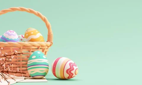 Happy Easter banner template with painted eggs in pastel colors and a basket  Stock Photos