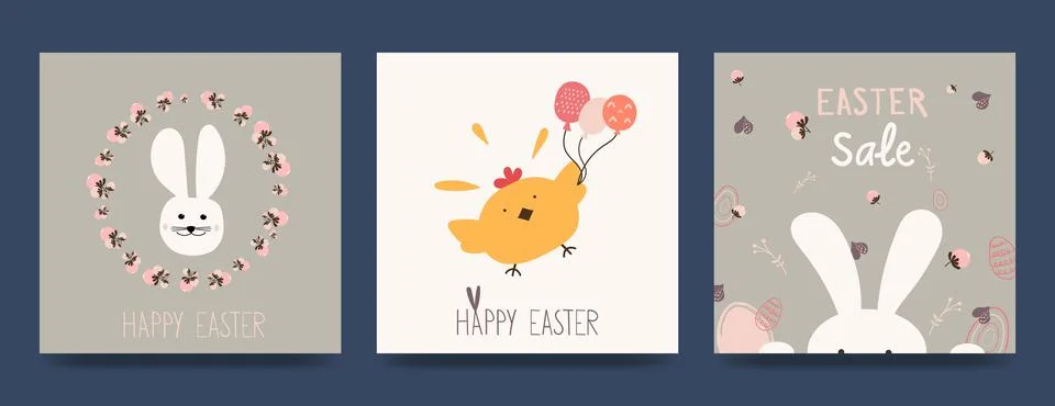 Happy Easter banner. Trendy Easter design with typography, hand drawn strokes Stock Illustration