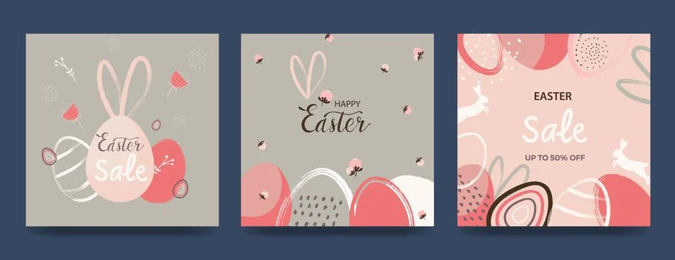 Happy Easter banner. Trendy Easter design with typography, hand drawn strokes Stock Illustration