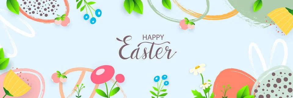 Happy Easter banner. Trendy Easter design with typography, hand drawn strokes Stock Illustration