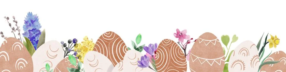Happy Easter banner. Trendy Easter design with border made of eggs, bunnies and Stock Illustration