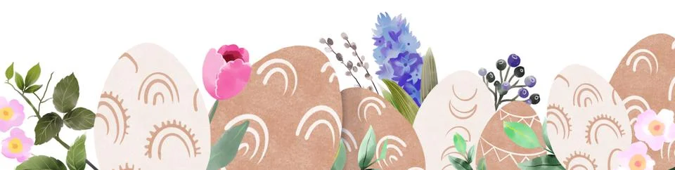 Happy Easter banner. Trendy Easter design with border made of eggs, bunnies and Stock Illustration