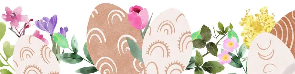 Happy Easter banner. Trendy Easter design with border made of eggs, bunnies and Stock Illustration