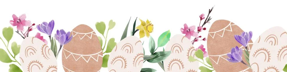 Happy Easter banner. Trendy Easter design with border made of eggs, bunnies and Stock Illustration