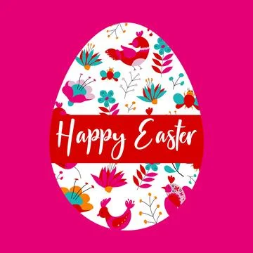 Happy Easter banner. Trendy Easter design with flowers and birds on red bac.. Illustrazione stock
