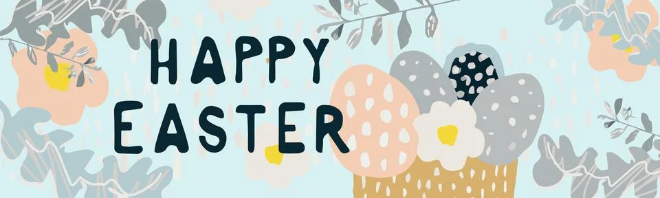 Happy Easter banner. Trendy Easter design with typography, hand drawn dots,.. Stock Illustration