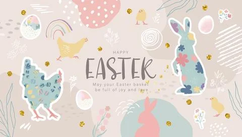 Happy Easter banner. Trendy Easter design with decorated eggs, hand painted Stock Illustration