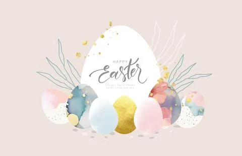 Happy Easter banner. Trendy Easter design with beautiful decorated eggs in Stock Illustration