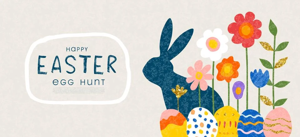 Happy Easter banner. Trendy Easter design with bunny,decorated eggs, flowers and Stock Illustration
