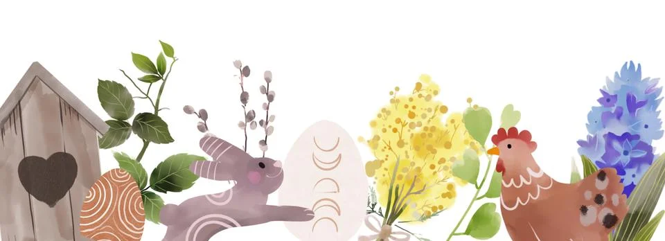 Happy Easter banner for web design watercolor cute spring background. Boho Eggs Illustrazione stock