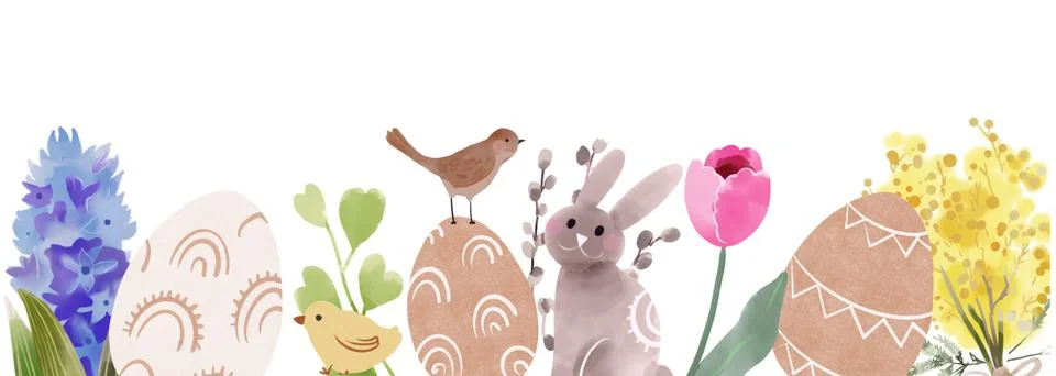 Happy Easter banner for web design watercolor cute spring background. Boho Eggs Stock Illustration