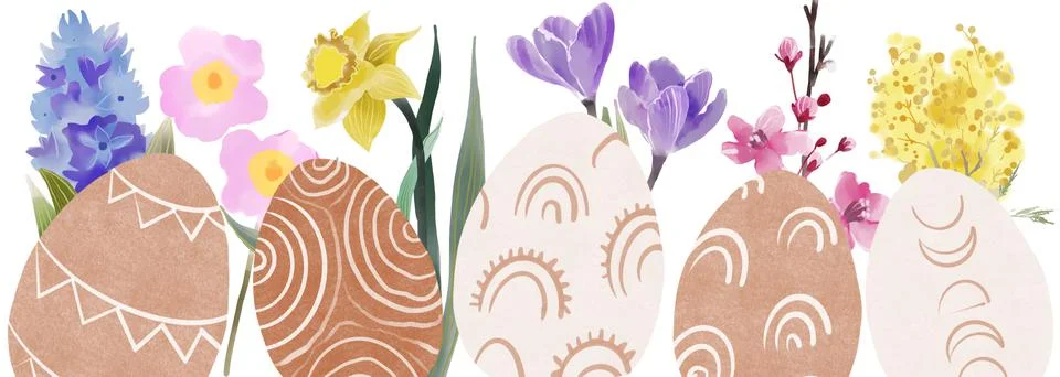 Happy Easter banner for web design watercolor cute spring background. Boho Eggs Stock Illustration