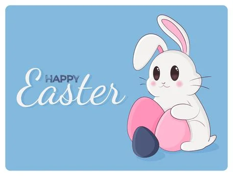 Happy Easter banner with white bunny and eggs. Stock Illustration