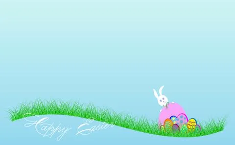 Happy Easter banner. White rabbit and colorful eggs in the green grass Stock Illustration