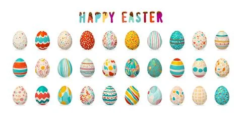 Happy Easter banner with wishes, set of colored decorated eggs with patterns and Stock Illustration