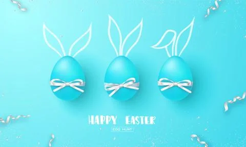 Happy Easter banner.Pretty blue eggs with bow and ears on blue background Stock Illustration