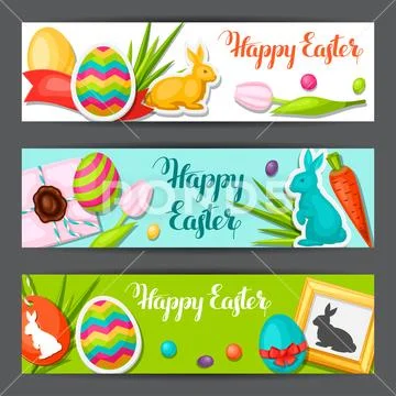 Happy Easter banners with decorative objects, eggs, bunnies stickers.  Concept ~ Clip Art #86973311