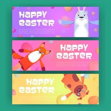 Happy Easter banners with funny puppet dolls set Stock Illustration