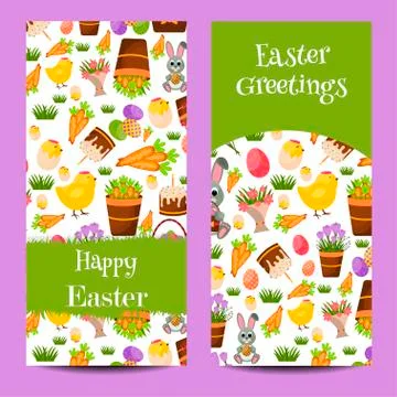 Happy Easter banners set with Colorful Eggs, Yellow Chick ,Crocus, Cake, Bunny Stock Illustration