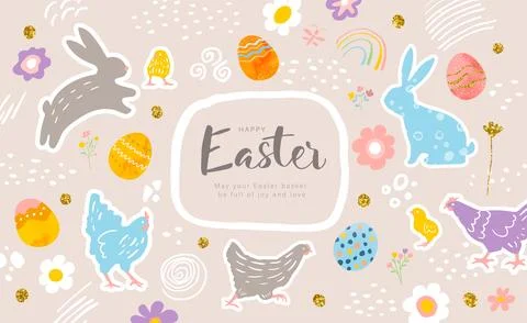 Happy Easter banners. Trendy Easter design with decorated eggs,chicken, flowers Stock Illustration