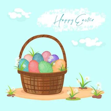 Happy easter. Basket with different painted Easter eggs and flowers Stock Illustration