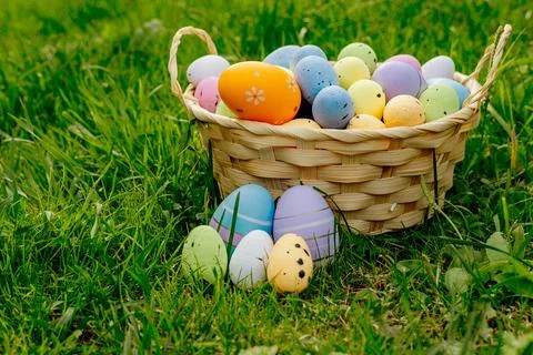 Happy Easter. Basket with Easter eggs in grass on a sunny spring day - Easter Foto stock