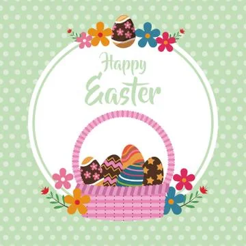 Happy easter basket egg floral dots background Stock Illustration