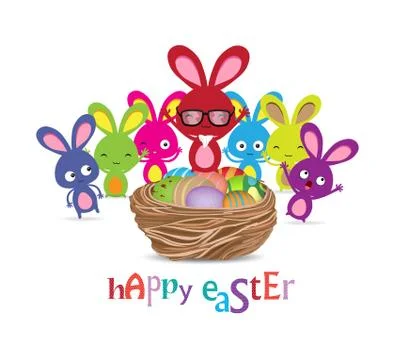 Happy easter with basket of eggs and bunny funny Stock Illustration