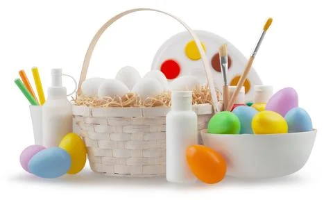 Happy Easter, basket eggs with colors and brushes for decorations painting .. Stock Illustration