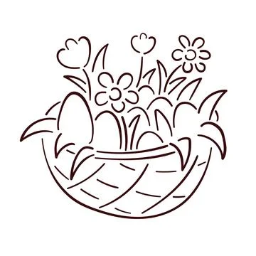 Happy Easter Basket with eggs, flowers daisy and tulip. Line art, hand drawn Stock Illustration