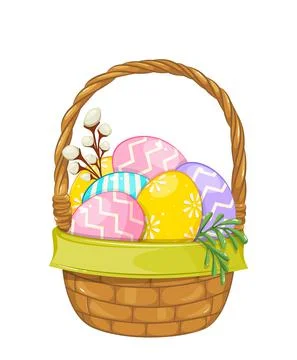 Happy Easter. Beautiful basket with colored eggs. Traditional Easter basket Stock Illustration