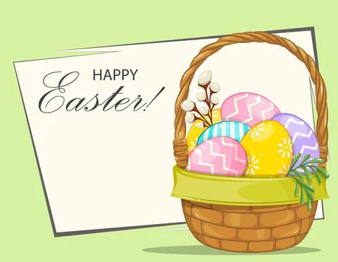 Happy Easter. Beautiful basket with colored eggs Stock Illustration