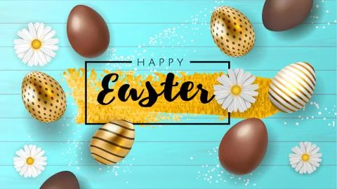 Happy Easter beautiful composition top view with chocolate eggs and gold egg in Illustrazione stock