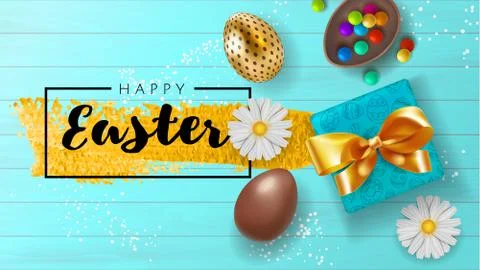 Happy Easter beautiful composition top view with chocolate and gold eggs with Stock Illustration