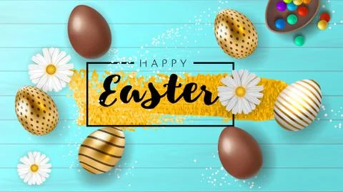 Happy Easter beautiful composition top view with chocolate eggs and gold egg in Stock Illustration